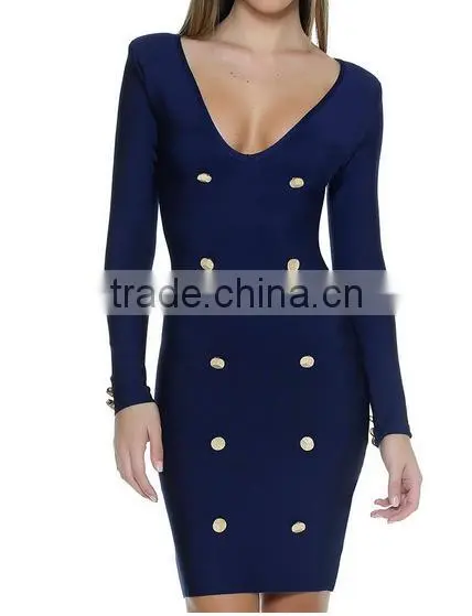 Summer Dress 2016 New Fashion Women Navy Long Sleeve V Neck Evening Bandage Dress Bandage Bodycon Women Wearing