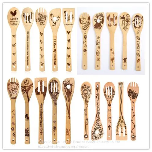 Bamboo Utensil Set Burned/ Halloween Kitchen Tool,Christmas Cooking Utensil Set Engraved Spoon Set photo-2
