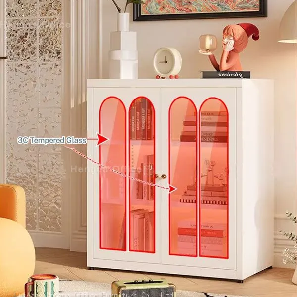 Nordic Style Reeded Glass Display Sideboard Tall White Bookcase with Adjustable Boards for Kitchen and Dining
