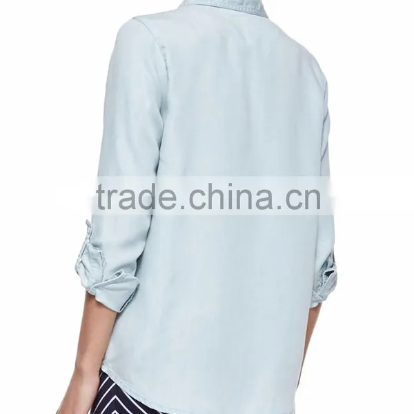 Top Selling Ladies 2015 Summer Long Sleeve Chambray Denim Shirt for Women SYA15361 photo-2
