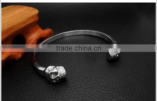 C Shape Antique Silver Vintage Engraved Wire Skull Head Stainless Steel Bangles photo-2