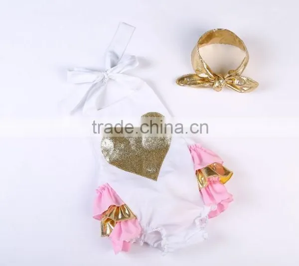2016 Hot Selling Ruffle Rompers Set Baby Sparkle Heart Bubble Romper With Headhand Boutique Kids Summer Clothes Jumpsuit photo-3