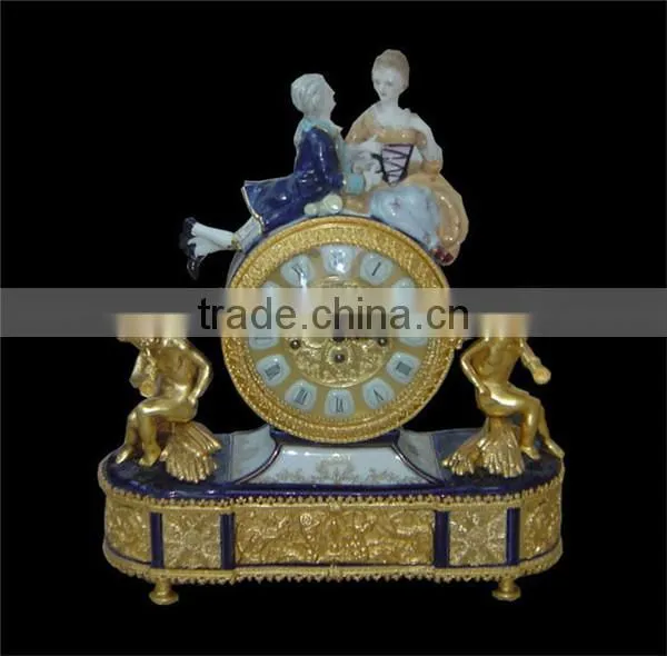European Royal Noble Figurine Ceramic Table Clock, Gold Plated Cast Brass Mounted Table Clock photo-3