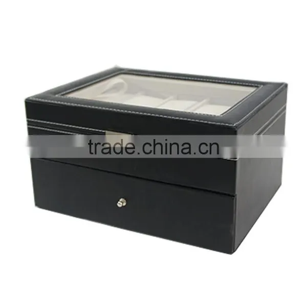 Store More Watch Box Large 20 Mens Black Leather Display Glass Top Jewelry Case Organizer photo-2