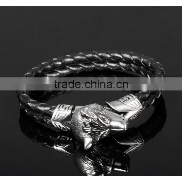 Men Stainless Steel Wolf Bracelet , Braided Black Leather Bracelet photo-4