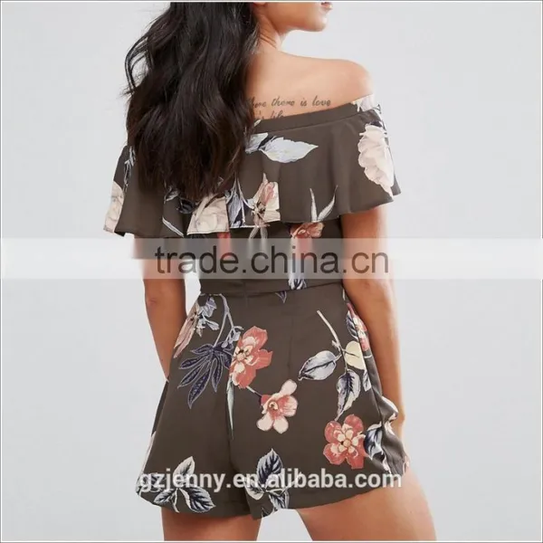 Women Fashion Sexy Dress Custom Summer Beach Wear Floral Off Shoulder Shorts Jumpsuits photo-2