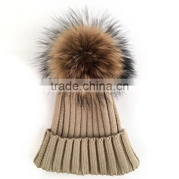 Myfur Winter Unisex Knitted Caps With Raccoon FurPompoms Hats photo-2