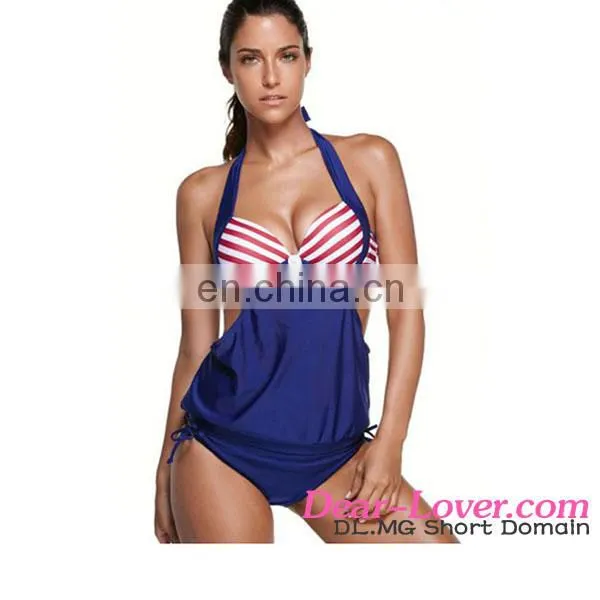 2pcs Navy Splice Red White Stripes Halter Tankini Swimsuit One Piece Swimsuit
