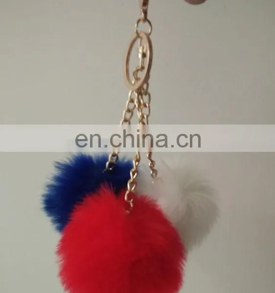 Wholesale Three Colored Fake Fur Union Jack Pom Keychain Bag Charm With Gold Chain photo-2