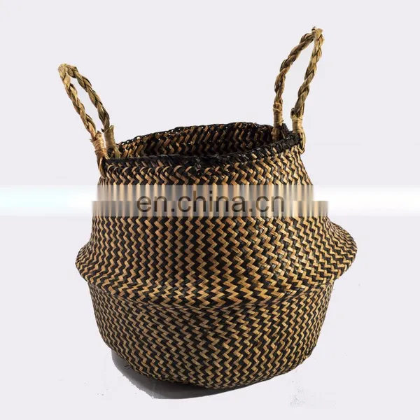 HBK Handmade Foldable Nature Plant Toys Kid Flower Seagrass Laundry Belly Basket With Handle photo-2