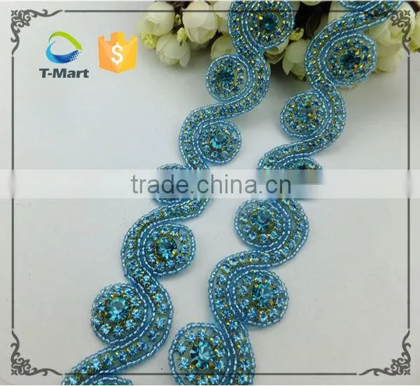 Blue Crystal Rhinestone Bridal Ribbon Belt Sash Applique Trim photo-2