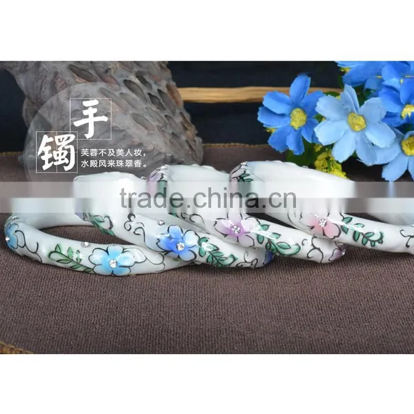 Czech Diamond Paved Enamel Famille Rose Porcelain Totoal Glazed Bangle Ceramic Clay Bracelet photo-4
