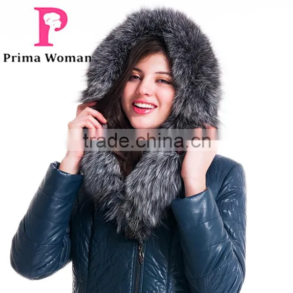 2015 Women Winter Leather Medium Length Slim Fit Coat With Brown Fox Hat Overcoat photo-5