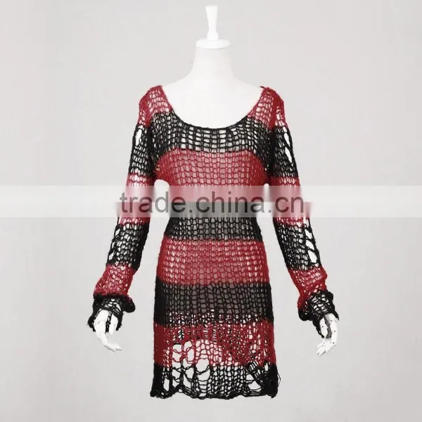 PM-004 Branded Red and Black Fashion Punk Rave Broken Pullover Striped Sweater photo-4