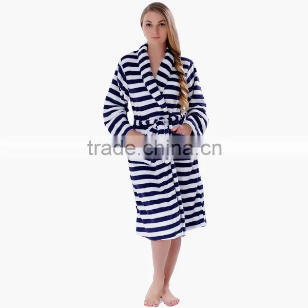 Men Women Plus Size Coral Fleece Navy Stripe Warm Bath Robe Pyjama Dressing Gown Sleepwear Bathrobe For Couples photo-2