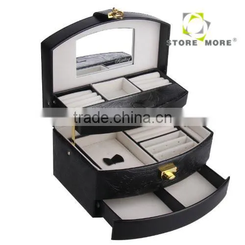 Black Pu Leather Jewelry Box Jewelry Case Jewelry Storage Organizer With Lock And Mirror photo-3