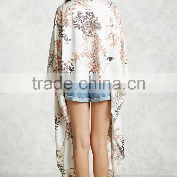 New Design Ladies Clothes Floral Print Handkerchief Hem Open Front 3/4 Length Dolman Sleeves Cardigans Floral Kimono Women photo-5