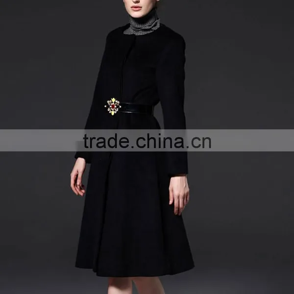Cheap Wholesale Autumn Winter Heavy Wool Coat Elegant Ladies O-Neck A-Line Medium-Long Woolen Trench Outerwear Female Jackets photo-4