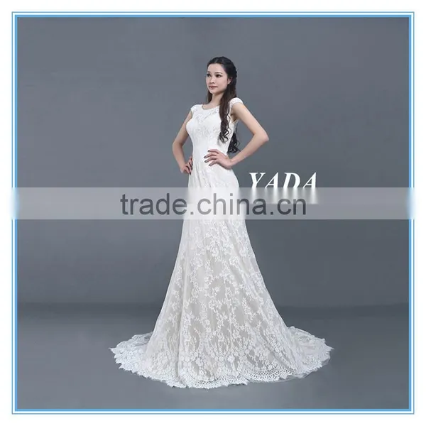 High Quality Italian Lace Cap Sleeve A Line Long Wedding Dress photo-6