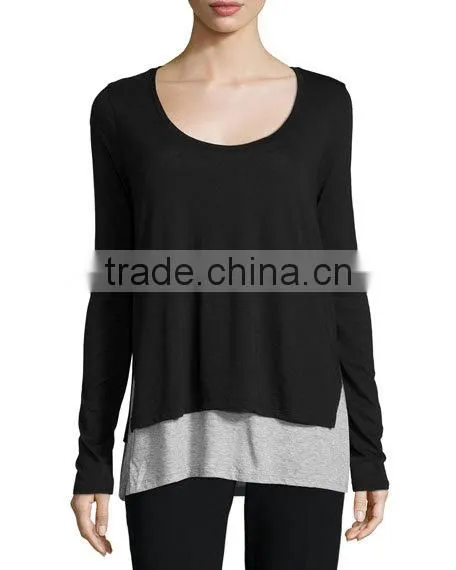 High Quality Double-Layer Long-Sleeve Tee/Pima Cotton Relaxed Style Top Layer Side Open Hemp t Shirt for Women photo-3