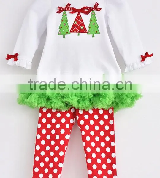 2015 New Fashion Long Sleeve Christmas Tree Lace Boutique Kids Outfit photo-2