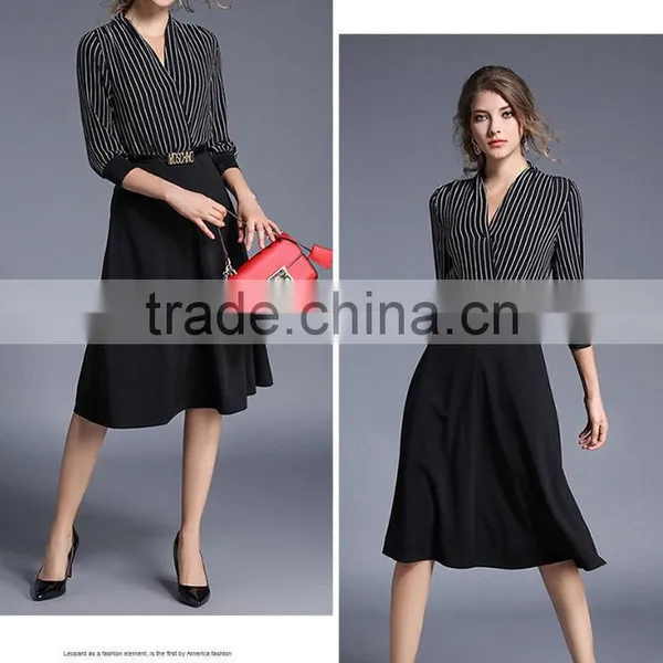 Fashion Women V Neck Vertical Stripes Office Dress Korean OL Belted Midi Dress photo-2