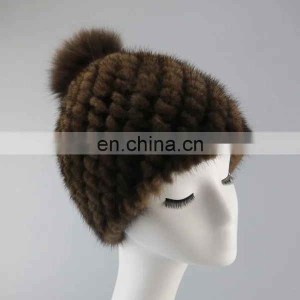 Popular Ladies Fur Hats Cute Mink Fur Weaven Hats With Fox Fur Pompom