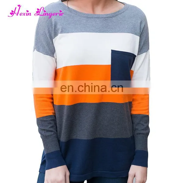 Wholesale Long Sleeve Color Block Pocket Loose Women Sweater Ffor Winter