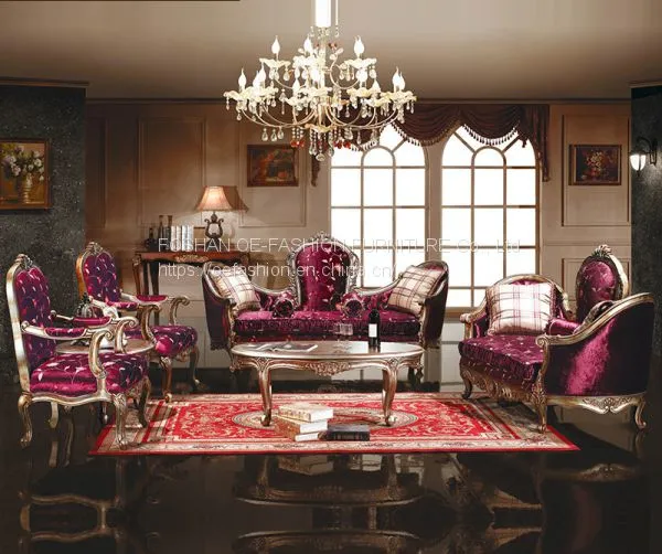 OE-FASHION Factory Price Gold Wooden Frame Classic Red Velvet Sofas
