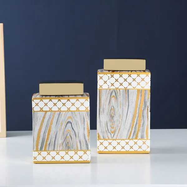 Nordic Style Creative Household Decoration Geometry and Tree Painting Cube Ceramic Flower Vase As Table Storage Jar With Lid photo-4