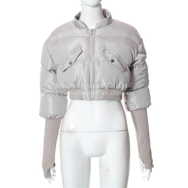 Womens CROPPED QUILTED PUFFER JACKET Thumb Hole Long Sleeve Sexy Casual Zip Up Winter Padding Short Bomber Coat photo-4