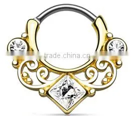 Lace Swirl Gem Square CZ Crystal 316L Surgical Steel Septum Clicker Nose Piercing Body Jewelry photo-2