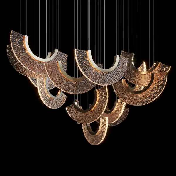Crescent Moon Textured Gold Art Chandelier Large Custom Installation Light