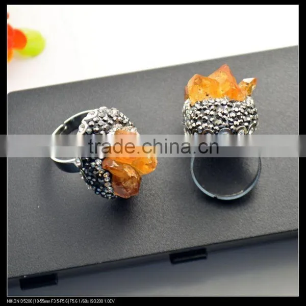 LFD-0015R ~ Nature Topaz Quartz Rings, Crystal Rhinestone Paved Druzy Gemstone Ring Jewelry Rhodium Plated Quartz Finger Rings photo-2