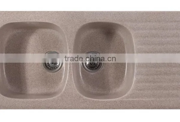 Acrylic Solid Surface/ Quartz Cream Color Double Kitchen Sink,resin Stone Kitchen Sinks photo-2