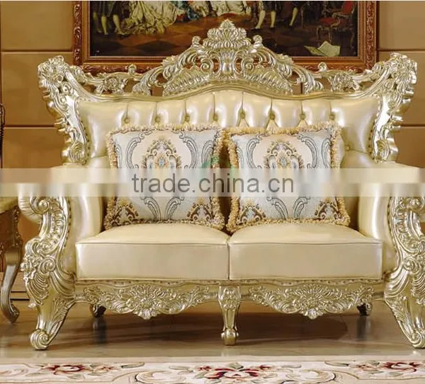 Graceful New Classic Living Room Sofa Solid Wood Carving Champagne Goldfoil Genuine Leather Sofa Set photo-3