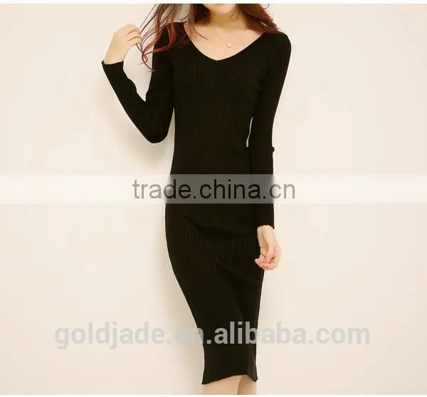 2016 Customized Manufactorying Korean Style Long Sleeve V Neck Knitted Ladies Dress photo-2