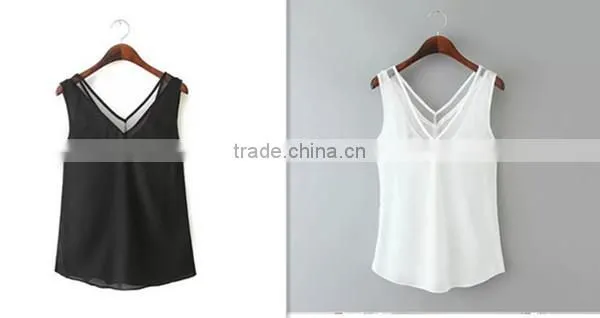 European and American Style Solid Color V-neck Blouses Stitching Gauze Halter T-shirt Tank Top Women photo-4