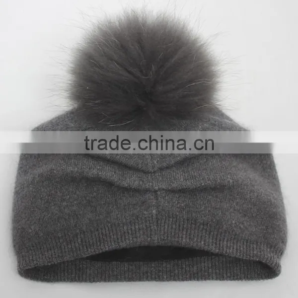 Myfur Elegant Women Flower Cashmere Wool Knit Beanie With Soft Fox Fur Pom Pom photo-2