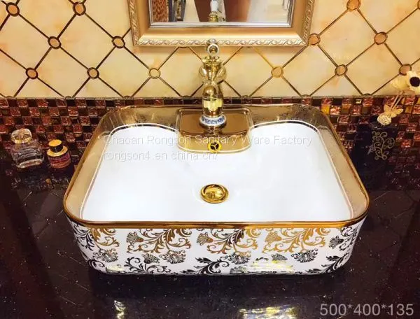 Hot Sale Ceramic Round Modern Luxury Golden Single Hole Wash Basin Price Bathroom Basin With Gold Decorative photo-4