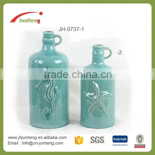 Home & Garden Glazed Ocean Blue Wine Bottle Wholesale Ceramic Flower Pots Hanging Hook for Planters
