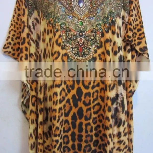 ANIMAL Print Crystal Embellished Caftan Crepe KAFTAN Tunic Poncho Blouse photo-3