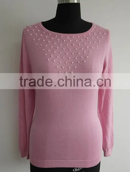 Ladies Fashion Bead Round Neck Backless Costume Sweater