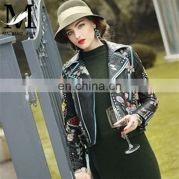 Fashion Printed Real Leather Jacket Cool Girls Leather Jacket Motorcycle photo-3