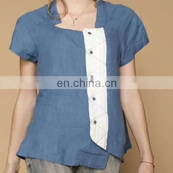 Lady's Woven Contrast Irregular Cotton Shirt
