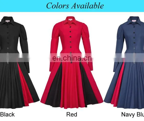Belle Poque Victorian Style Long Sleeve Shirt Collar Contrast Color Red Retro Vintage Swing Dress BP000366-2 photo-6