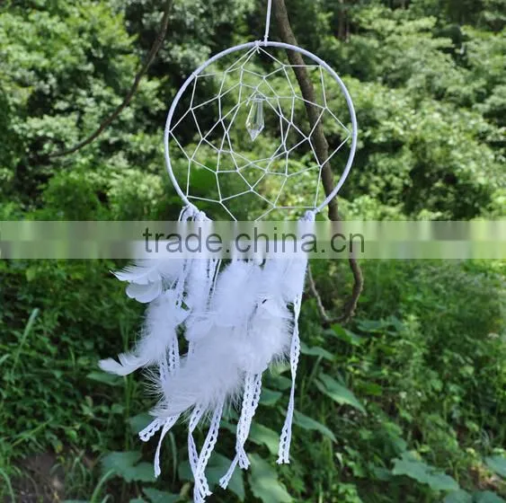 Crystal Large White Dream Catcher - White Fringe White Crocheted - Boho Crystal Dream Catcher - Bohemian Crochet Dream Catcher