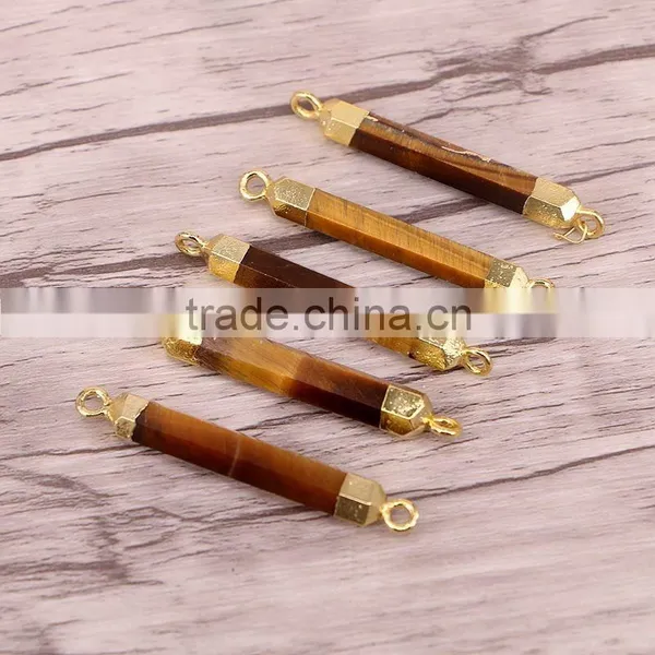 Natural Tiger Eye Gem Stone Connector Beads, Gold Plated Edged Thin and Long Druzy Stones For Jewelry Making photo-4