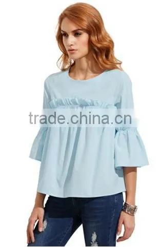 Women's Bell Sleeve Ruffle Trim Round Neck Pleated Blouse photo-3