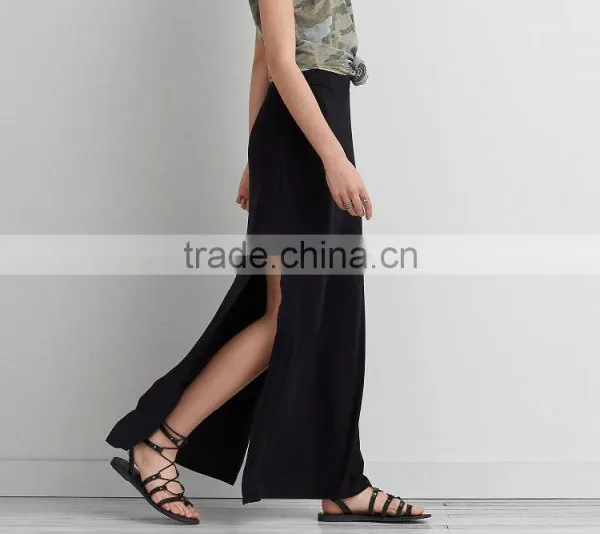 Latest Skirt Design Pictures Women Fashion Plain Dyed Cotton Solid Black Slit Maxi Skirts Women Long Maxi Skirts photo-6